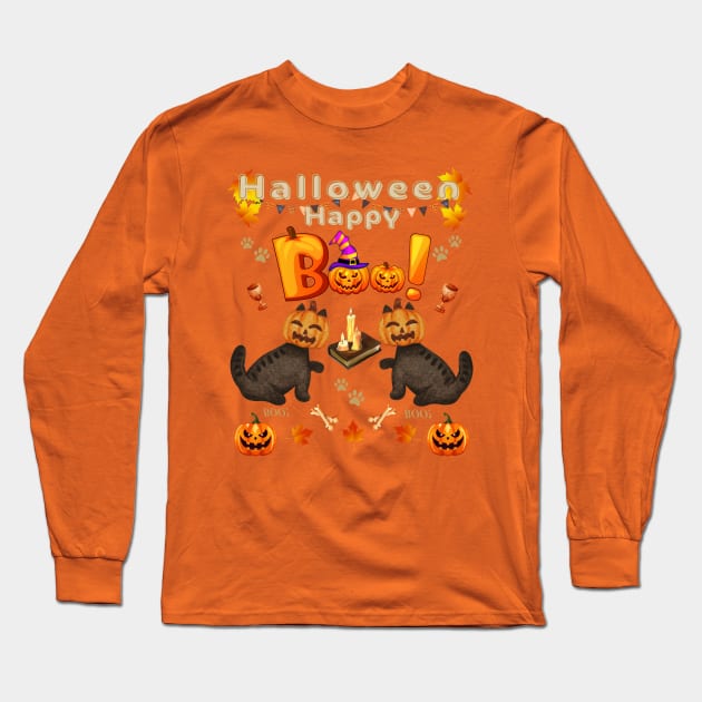 Happy halloween pumpkin cats Long Sleeve T-Shirt by ATime7